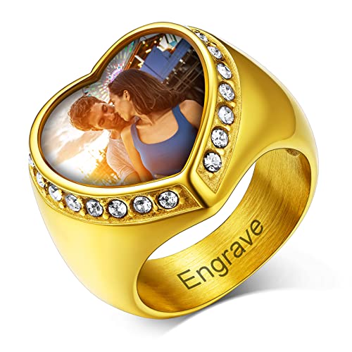 Custom4U 18K Vergoldet Foto Ring für Herren Damen Benutzerdefinierter Herz Zirkonia Foto Fingering Punk Zirkon Siegelring Bandring für Ehering Verlobungsring Freundschaftsring von Custom4U