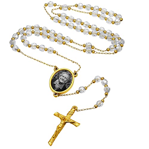 Custom4U 316L Edelstahl Rosenkranz Halskette mit Wunsch Gravur und Fotogravur 18K Vergoldet Kristall Jesus Kreuz Kugelkette 66cm+16cm Rosary Necklace von Custom4U