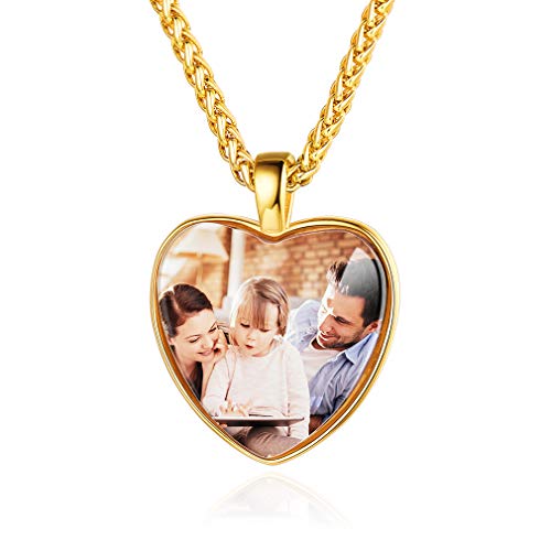 Custom4U Herz Foto Anhänger mit Bildgravur und Wunschgravur Halskette mit Glasschicht Damen Herren Halskette mit Bilder Anhänger mit Eingravierten Namen in Gold mit 55cm+5cm Kette für Memorial von Custom4U