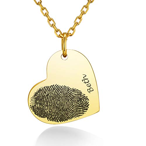 Custom4U Name Halskette 18K Vergoldet Fingerabdruck Herzanhänger Damen Halskette Personalisierte Baby Palmendruck Fußabdruck Anhänger mit Wunschetext Gravur Memorial Geschenke für Mama Frauen von Custom4U