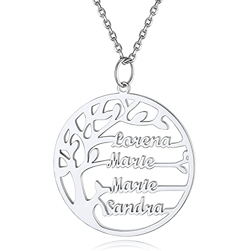 Custom4U Anpassbare 4 Namen Lebensbaum Anhänger Halskette S925 Silber Namenskette mit Baum des Lebens Rund Familiensbaum Anhänger Halskette Geschenke für Muttertag Geburtstag Weihnachten von Custom4U