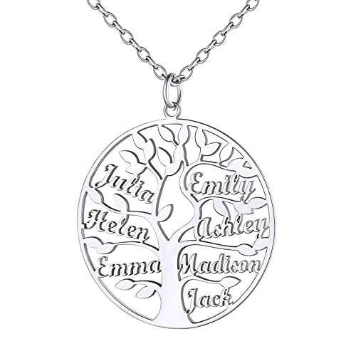 Custom4U Anpassbare 7 Namen Lebensbaum Halskette Silber mit Gravur 925 Silber Namenskette mit Stammbaum Anhänger Silber Damenkette Geschenke für Geburtstag Weihnachten Muttertag von Custom4U