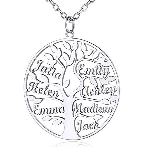 Custom4U Anpassbare 7 Namen Lebensbaum Halskette Silber mit Gravur Edelstahl Namenskette mit Stammbaum Anhänger Silber Damenkette Geschenke für Geburtstag Weihnachten Muttertag von Custom4U
