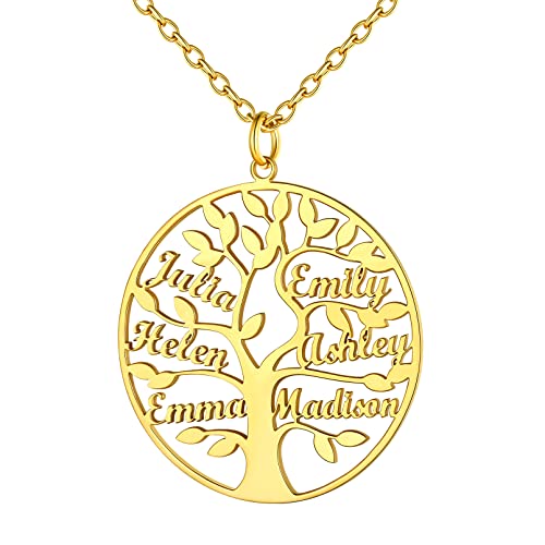 Custom4U Anpassbare 925 Silber Namenskette Gold mit Lebensbaum Anhänger Gold Rund Stammbaum des Lebens Kette mit 6 Namen Gravur Familienskette für Oma Mutter Paar von Custom4U