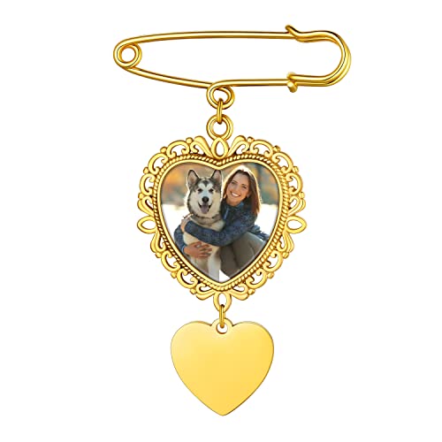 Custom4U Anpassbare Damen Herren Brosche Clip mit Fotogravur 18K Vergoldet Bild Broschennadel Herzförmige Memorial Hochzeitsbouquet Pin Brautstrauß Brosche von Custom4U