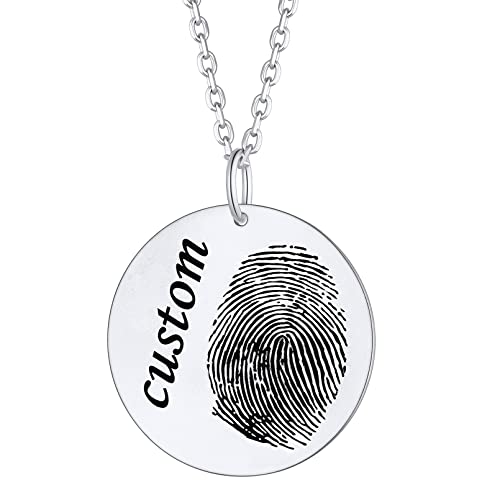 Custom4U Anpassbare Damen Silberkette mit Fingerabdruck Anhänger 925 Sterling Silber Baby Fingerabdruck Fußabdruck Runde Anhänger Halskette Memorial Schmuck von Custom4U