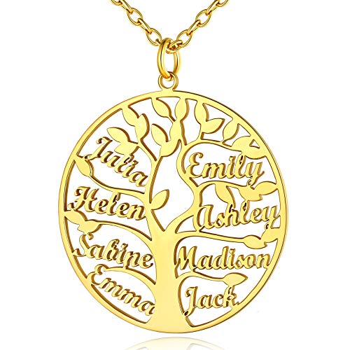 Custom4U Anpassbare Familienname Kette mit Stammbaum Anhänger Edelstahl Lebensbaum Halskette mit 8 Namen Gravur 18K Vergoldet Damen Namenskette BFF Kette von Custom4U