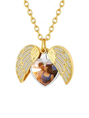 Custom4U Anpassbare Engelsflügel Medaillon Halskette für Damen Frauen Memorial Zirkonia Herz Medaillon Halskette mit Gravur Foto Bilder Schutzengel Flügel Amulett zum Öffnen Geschenke von Custom4U