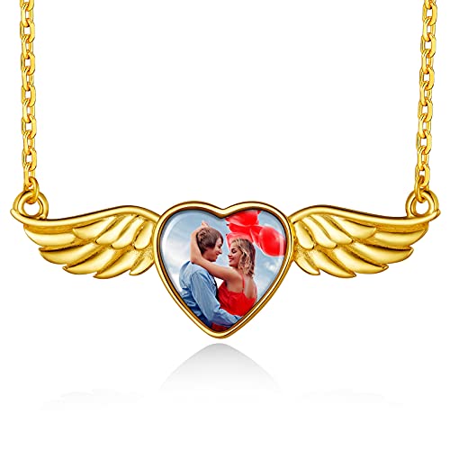 Custom4U Anpassbare Große Fotokette mit Herz-Flügel Foto Anhänger S925 Silber Photo Bilder Amulett mit Bildgravur und Wunsch/Namen/Text Gravur Mode Photo Halskette in Gold mit 41cm+5cm Kette von Custom4U