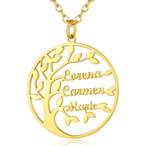 Custom4U Anpassbare Lebensbaum Gold mit Namen Halskette Edelstahl Runde Stammbaum des Lebens Familienbaum Anhänger mit 3 Namen Gravur Namenskette Geschenke für BFF Mama Paar von Custom4U