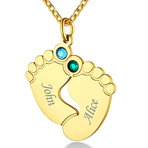 Custom4U Anpassbare Namenskette Babyfuß Gebursstein Halskette 18K Vergoldet Babyfüße Halskette mit 2 Namen Gravur Mutter Kinder Halskette für Mutter Mama von Custom4U