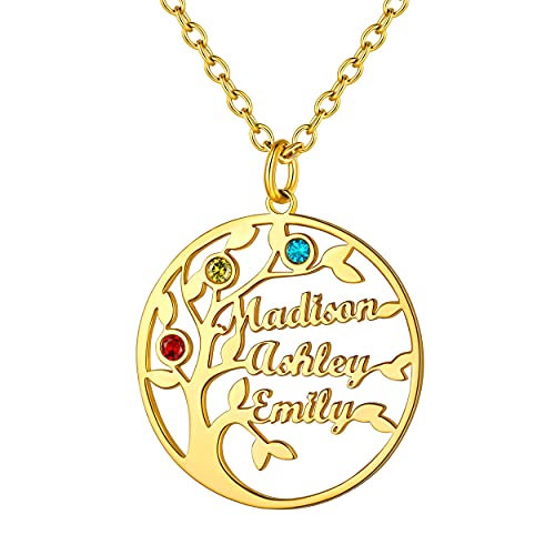 Custom4U Anpassbare Namenskette Gold mit Lebensbaum Anhänger mit 3 Namen Gravur und 3 Geburtsstein Edelstahl Stammbaum des Lebens Anhänger Damenkette Gold für Muttertag Geburtstag von Custom4U