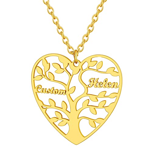 Custom4U Anpassbare Namenskette mit Lebensbaum Anhänger für Damen Frauen Edelstahl Herz Baum des Lebens Halskette mit 2 Namen Gravur 18K Vergoldet Familienskette BFF Kette von Custom4U