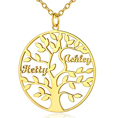 Custom4U Anpassbare Namenskette mit Lebensbaum Anhänger für Damen Frauen Edelstahl Rund Baum des Lebens Halskette mit 2 Namen Gravur 18K Vergoldet Familienskette BFF Kette von Custom4U