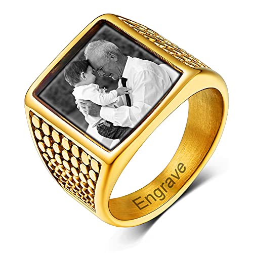 Custom4U Anpassbarer Herren Fingerring mit Fotogravur 18K Vergoldet Männer Jungen Siegelring Biker Foto Quadratischer Ring Memorial Souvenir Modeschmuck Accessoires von Custom4U