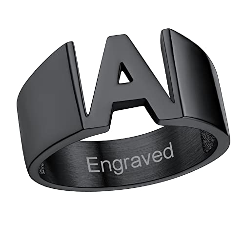 Custom4U Anpassbarer Namensring Edelstahl Initialen Alphabet Fingerring mit Namen/Wunsch/Text Gravur 3D Design Schwarz A-Z Buchstaben Siegelring Modeschmuck Accessoires von Custom4U