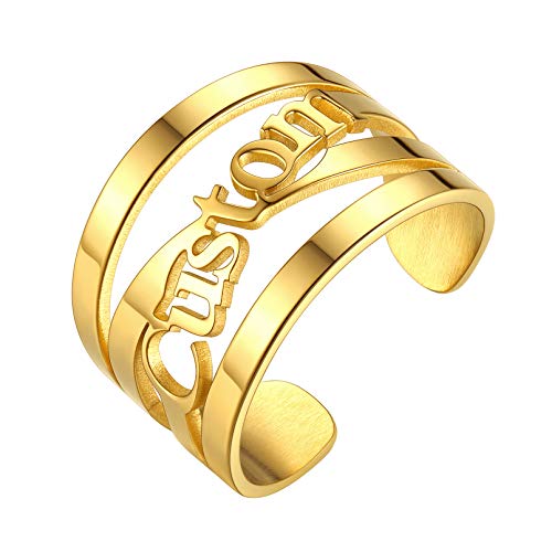 Custom4U Anpassbarer Personalisierter Damen Ring mit Namen Offen Einstellbar Ring Edelstahl Schnitt Ring 14.5mm Breit 18K Vergoldet für Freuen，Herren，Freundin，Mutter，Schwester von Custom4U