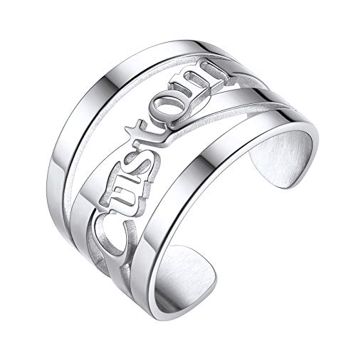 Custom4U Anpassbarer Personalisierter Damen Ring mit Namen Offen Einstellbar Ring Edelstahl Schnitt Ring 14.5mm Breit in Silberfarbe für Freuen，Herren，Freundin，Mutter，Schwester von Custom4U