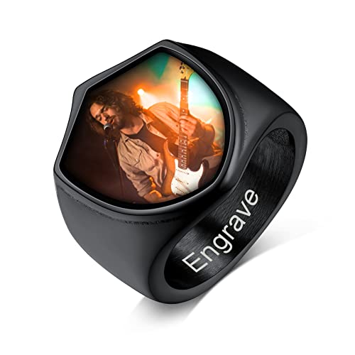 Custom4U Anpassbarer Schild Foto Ring mit Bild/Text/Wunsch/Namen Gravur für Damen Herren Edelstahl Gothik Hip Hop Bild Fingerring für Ehering Verlobungsring Hochzeitsring von Custom4U