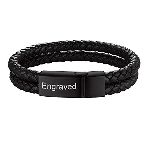 Custom4U Armband für Herren Männer mit Eigenem Namen Gravur Junge Premium Männer Lederarmband Geflochtene Armbänder Wickelarmbänder mit Magnetverschluss aus Edelstahl in Schwarz Länge 19cm von Custom4U
