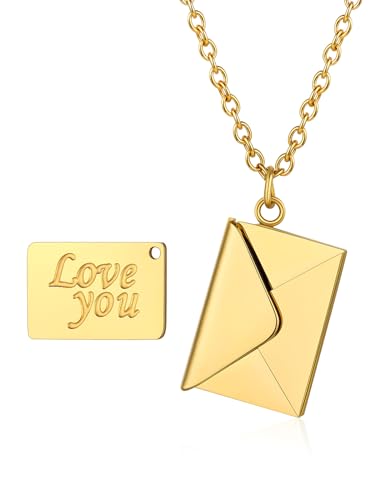 Custom4U Aufklappbare Liebesbrief Umschlag Medaillon Gold zum Öffnen Edelstahl Damen Mädchen Love you Brief Umschlag Amulett Halskette Geschenke für Muttertag Weihnachten Geburtstag von Custom4U