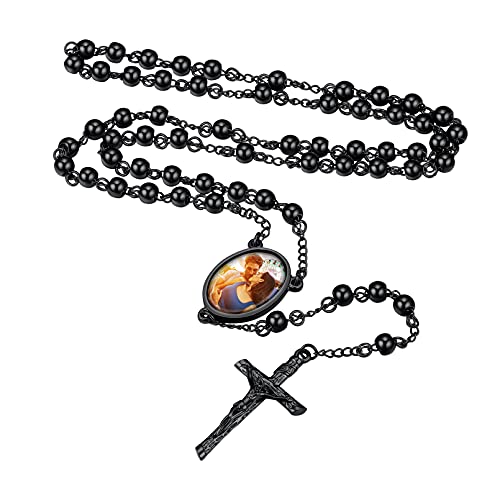 Custom4U Auto Rosenkranz Halskette mit Motiven-Gravur 316L Edelstahl Jesus Kreuz Kugelkette 66cm+16cm Kette Rosary Necklace in Schwarz Geschenk für Damen Herren von Custom4U