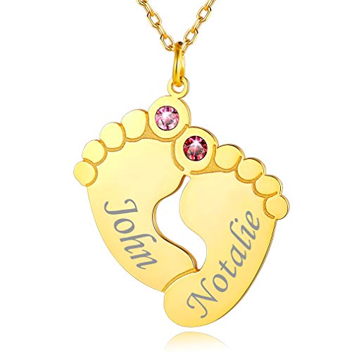 Custom4U S925 Silber Baby Fuß Halskette Personalisierte Namenskette Geburtsstein Kette mit 2 Namen 18K Vergoldet Damen Necklace Babyfüße Halskette Geschenk für Mütter Mama von Custom4U