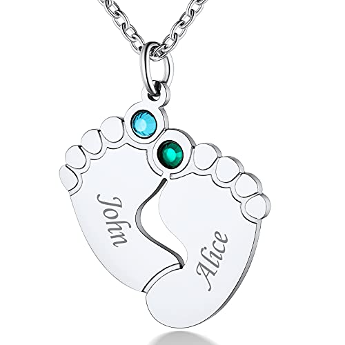 Custom4U Personalisierte Namenskette S925 Silber Baby Fuß Kette mit 2 Namen Gravur Babyfüße Anhänger Gravur Namenskette Geburtsstein Halskette Geschenke für Mütter Mama Oma von Custom4U
