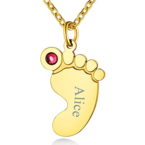 Custom4U Baby Fuß Geburtsstein Kette mit 1 Name 18K Vergoldet Babyfuß Anhänger Gravur Namenskette Geburtsstein Halskette Geschenk für Muttertag Geburtstag Weihnachten von Custom4U