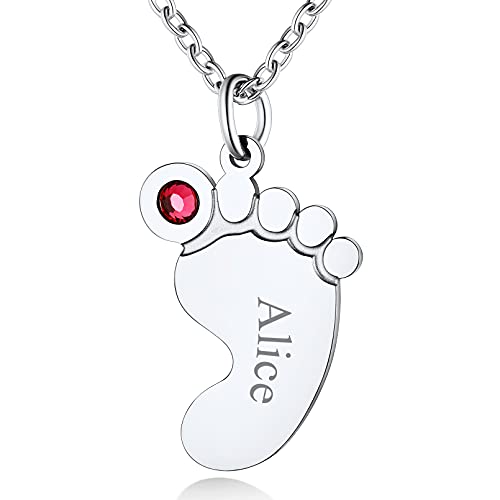 Custom4U Babyfuß Namenskette Edelstahl Babyfüße Geburtsstein Halskette mit Name Gravur Personalisierte Silberfarbe Mutter Kinder Namen Halskette von Custom4U