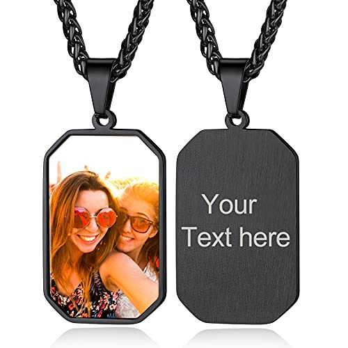 Custom4U Individuelle Acht Schnittkanten Foto Anhänger Halskette mit Fotogravur und Textgravur Edelstahl Photo Bilder Amulett mit Eingravierten Namen Mode Armee Kette in Schwarz mit 55cm+5cm Kette von Custom4U