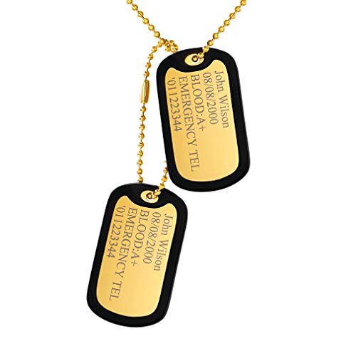 Custom4U Personalisierte Armee Dog Tag Anhänger Halskette mit Name Gravur 18K Vergoldet 2 Stücke Militärischen Erkennungsmarken Anhänger mit Silikon Hülle mit 60cm Kugelkette von Custom4U