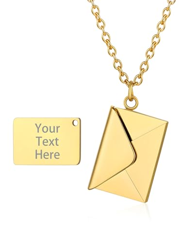 Custom4U Benutzerdefinierte Briefumschlag Medaillon Gold zum Öffnen mit Gravur Edelstahl Damen Mädchen Liebesbrief Kette mit Umschlag Amulett Anhänger Gold Personalisierter Schmuck für Muttertag von Custom4U
