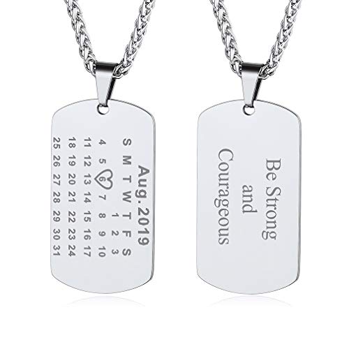 Custom4U Benutzerdefinierter Kalender Erkennungsmarken Anhänger mit Textgravur 316L Edelstahl Militär Armee Dog Tag Anhänger mit Kalender Gravur in Silber mit 55cm+5cm Kette für Damen Herren von Custom4U