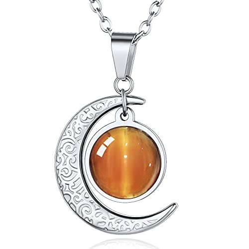 Custom4U Cabochon Glas Katzenaugen Stein Halskette für Frauen/Herren Juli Monat Anhänger aus Edelstahl Silberfarbe 51cm + 5cm Kette für Damen von Custom4U