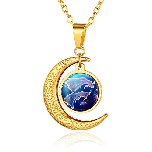 Custom4U Crescent Moon 12 Constellation Astrologie Fische 18K Vergoldet Horoskop Kette für Damen 51cm+5cm Verlängerkette Sternzeichen Anhänger von Custom4U