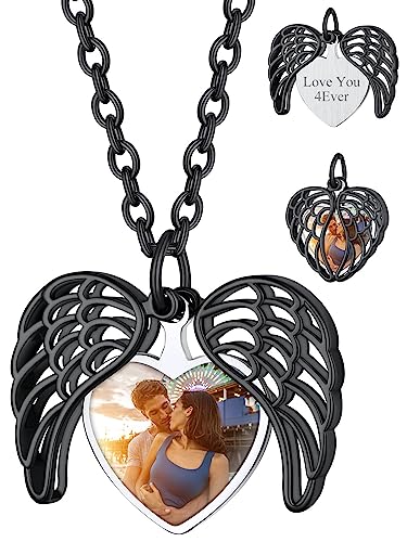 Custom4U Damen Engelsflügel Medaillon Halskette Schwarz Kupfer Memorial Herz Schutzengel Flügel Kettenanhänger mit Foto Medaillon Amulett Schwarz zum aufklappen Geschenke für Muttertag Geburtstag von Custom4U