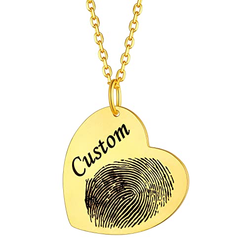 Custom4U Damen Fingerabdruck Anhänger Kette mit Namegravur 18K Vergoldet Namenskette Fußabdruck Herzanhänger Memorial Namenskette Geschenk für Muttertag Geburtstag Weihnachten von Custom4U