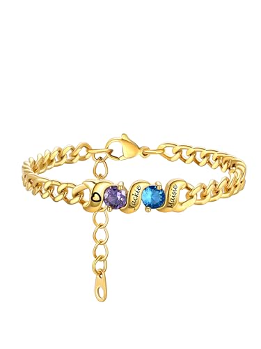 Custom4U Damen Geburtsstein Armbänder Gold Personalisierte Mutter Tochter Armband mit Namen Gravur Edelstahl 5mm breit Birthstone Crystal Damen Armreif 16cm+3cm lang von Custom4U