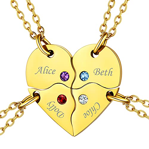 Custom4U Damen Herren BFF Freundschaftsketten für 4 mit 4x Herz Puzzle Anhänger mit Namegravur 18K Vergoldet Geburtsstein Puzzle Kette für Freundschaftskette Familienkette Paar Kette von Custom4U