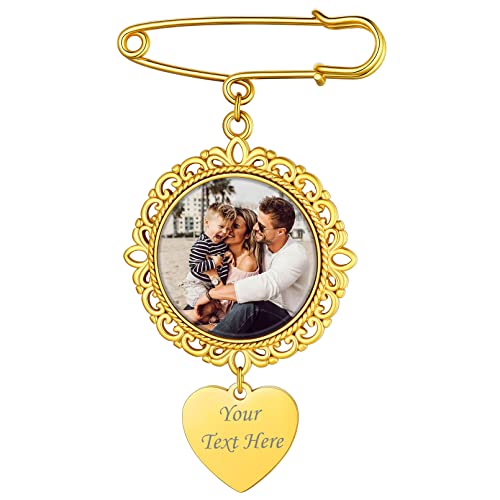 Custom4U Personalisierte Damen Foto Brosche Pin mit Gravur Memorial Rund Brosche Brautstrauß Anhänger mit Bild Gold Clip Schmuck DIY Frauen Mädchen Brosche Nadel Pullover Schal Clips von Custom4U