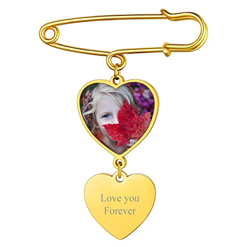 Custom4U Damen Herz Brosche Anpassbare Memorial Foto Pin Braut Charm 18K Vergoldet Memorial DIY Foto Anhänger Brautstrauß Brosche Pin Herz Bild Anstecker von Custom4U