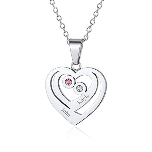 Custom4U Damen Herzanhänger Halskette Edelstahl Personalisierte Mutter Namenskette Mit 2 Wunschnamen mit Geburtssteine Familienkette für Muttertag Valentinstag von Custom4U