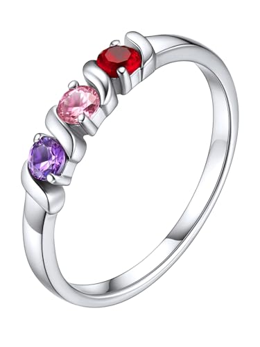 Custom4U Damen S925 Silber Gewinde Ring mit Eingravierten Drei Namen Gravur für Mutter Tochter Personalisierte Namen Rings mit Zirkonia Geburtssteine in Size 9 von Custom4U