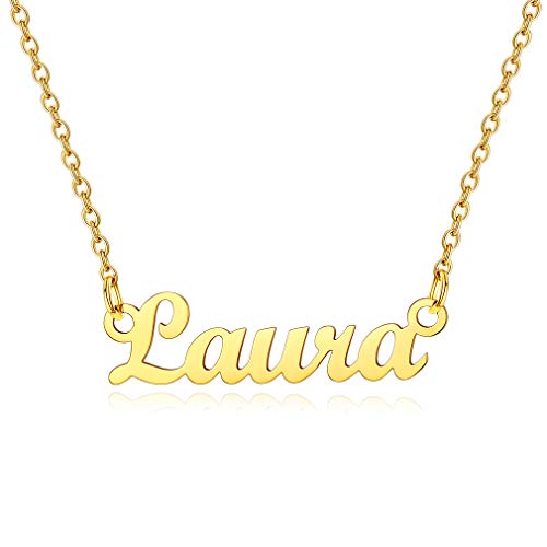 Custom4U Design Namenskette mit Laura aus Edelstahl in Klassische Schrifte für Damen/Frauen Halskette mit Carrie Stil 18K Vergoldet 45cm+5cm für Freundin, Mutter, Schwester von Custom4U