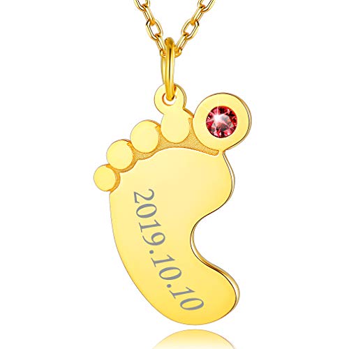 Custom4U Edelstahl Damen Namenskette mit Babyfuß Anhänger 18K Vergoldet Babyfüße Geburtsstein Namenskette Halskette Personalisierter Schmuck Geschenke für Mutter Mama von Custom4U