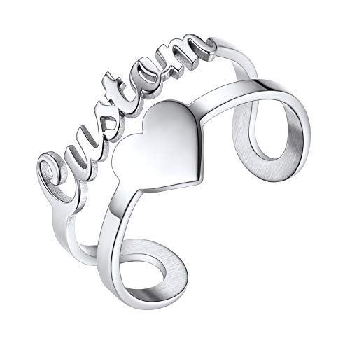 Custom4U Personalisiert Name Ring mit Herz Damen Doppelschicht Ring aus Edelstahl Offen Einstellbar Ring Ewigkeitsring inSilber für Freuen Freundin Mutter Schwester von Custom4U