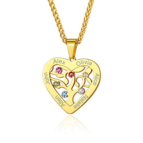 Custom4U Personalisierte Lebensbaum Familie Halskette Gold mit 6 Namen/Geburtsstein Gravur Damen Frauen Namenskette mit Stammbaum Anhänger Gold für Oma/Mutter/Schwester von Custom4U
