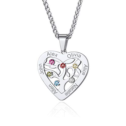 Custom4U Personalisierte Lebensbaum Halskette Silber mit 6 Namen Gravur und Geburtsstein Damen Namenskette Edelstahl Herz Familienbaum Halskette für Oma/Mutter/Schwester von Custom4U