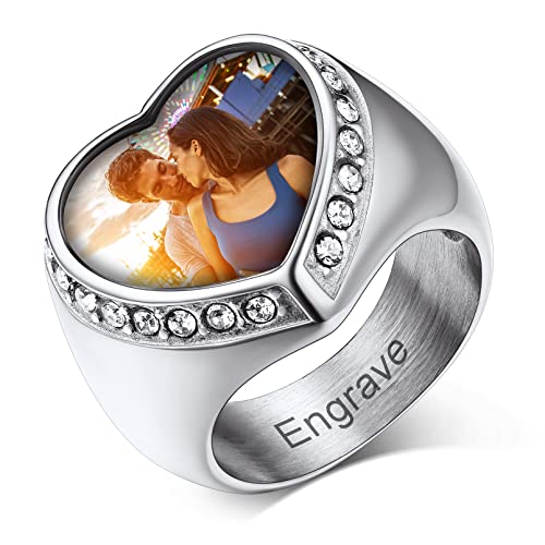 Custom4U Edelstahl Herren Damen Foto Fingerring Anpassbarer Zirkonia Ring mit Fotogravur Punk Zirkon Fotoring Männer Jungen Siegelring in Herzform Modeschmuck Accessoires von Custom4U